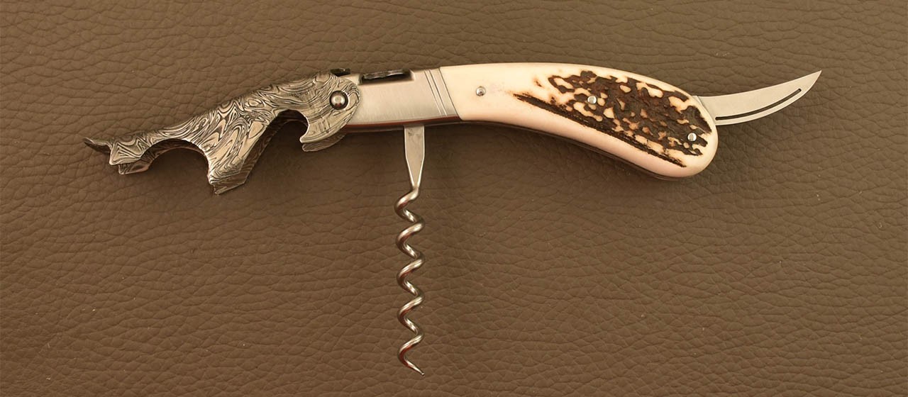 Damascus Laguiole corkscrew handmade in France real stag horn