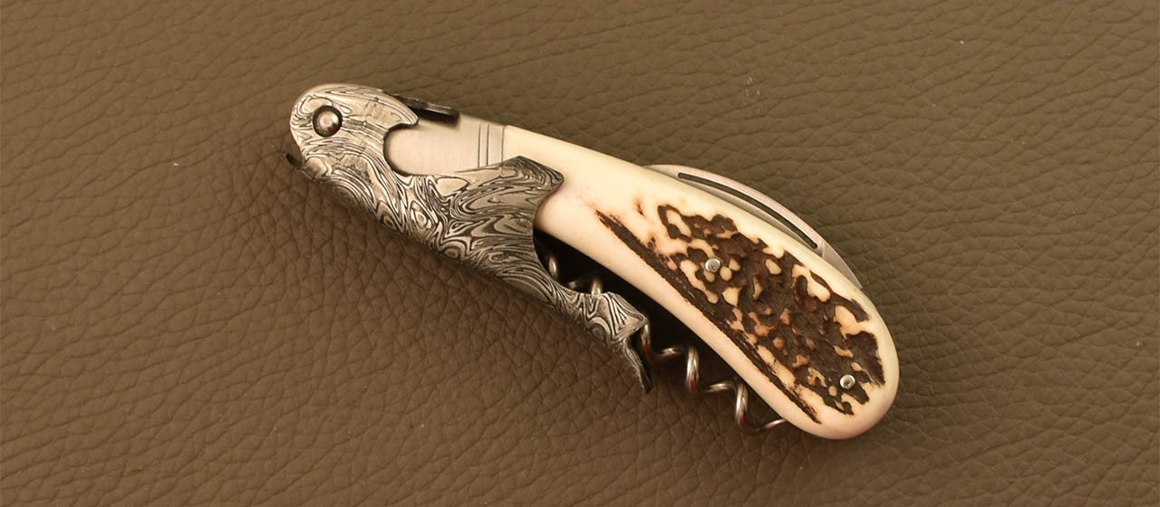 Damascus Laguiole corkscrew handmade in France real stag horn