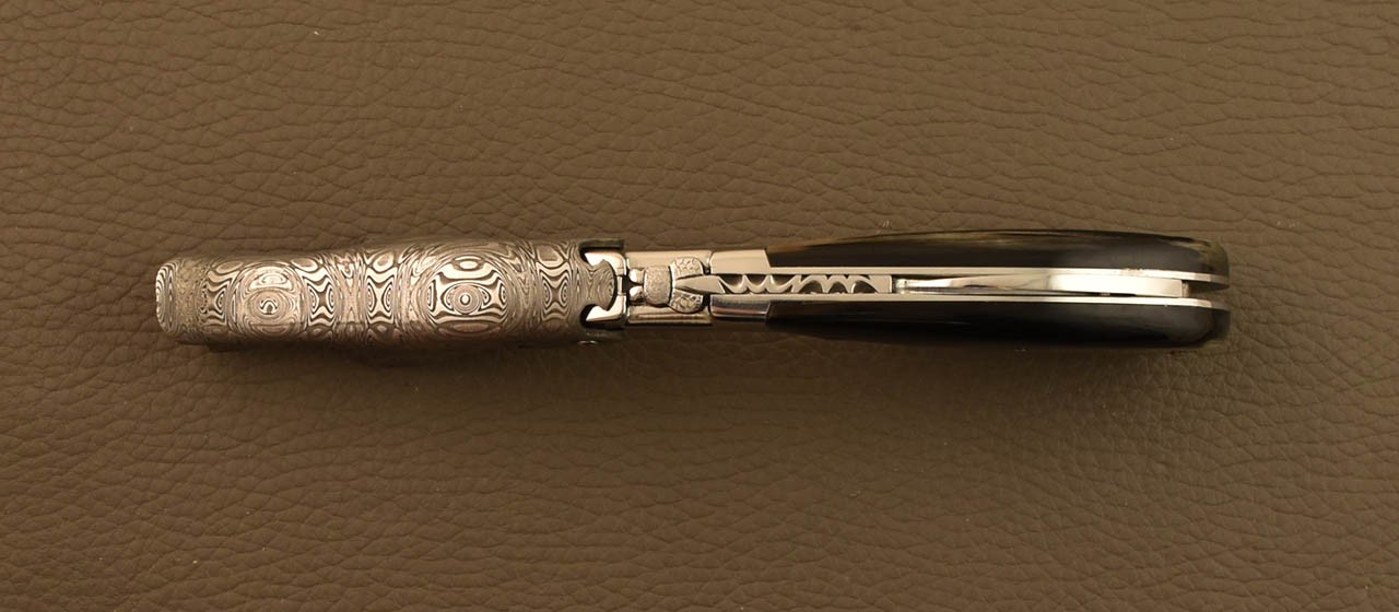 Damascus Laguiole corkscrew handmade in France dark ram horn