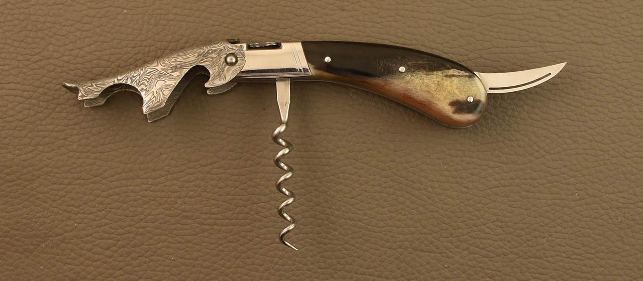 Damascus Laguiole corkscrew handmade in France dark ram horn