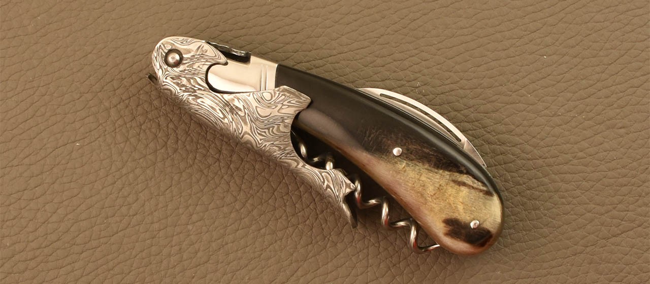 Damascus Laguiole corkscrew handmade in France dark ram horn