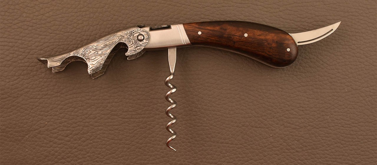 Damascus Laguiole corkscrew handmade in France ironwood