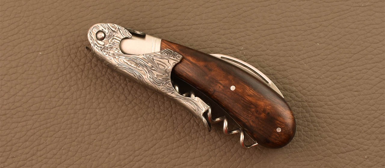 Damascus Laguiole corkscrew handmade in France ironwood