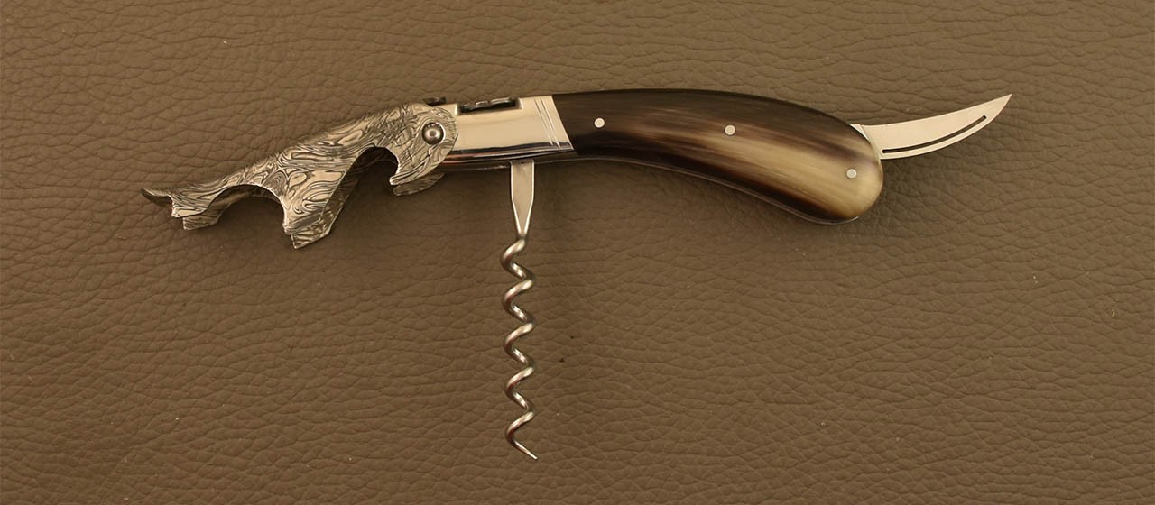 Damascus Laguiole corkscrew handmade in France real horn tip