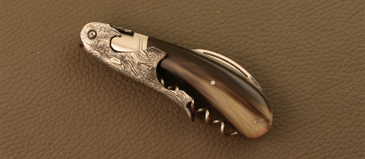 Damascus Laguiole corkscrew handmade in France real horn tip