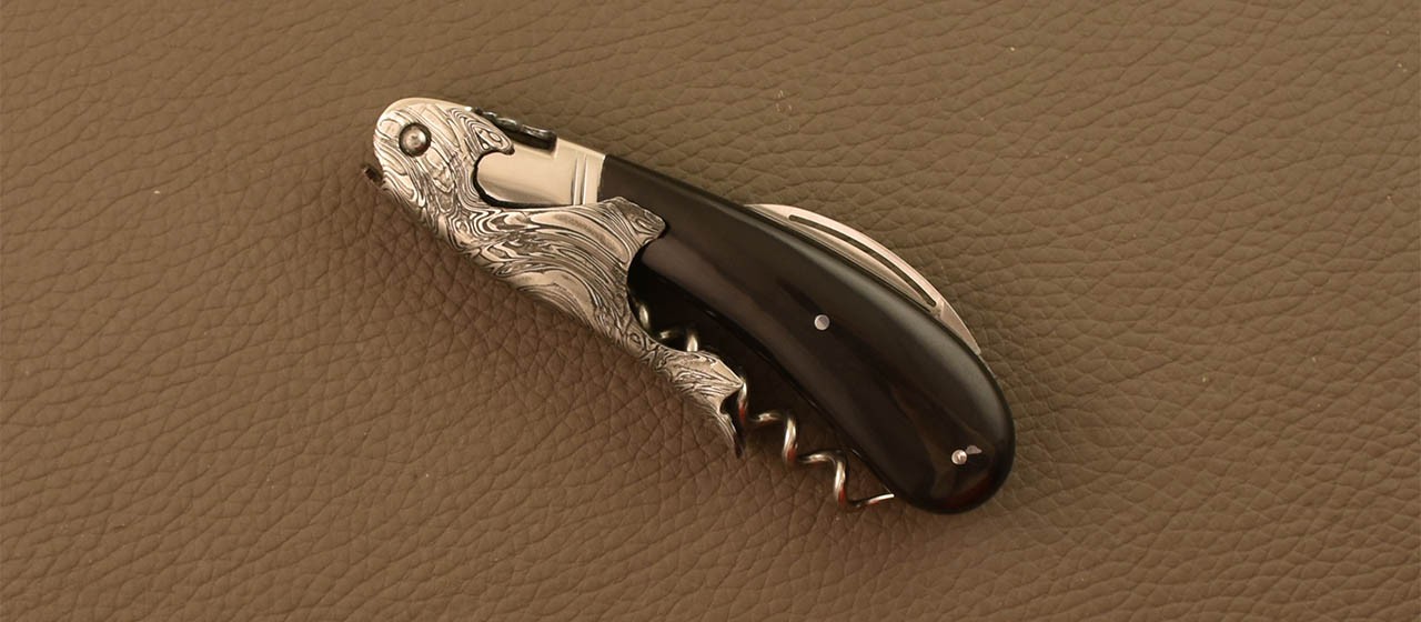 Damascus Laguiole corkscrew handmade in France buffalo horn tip