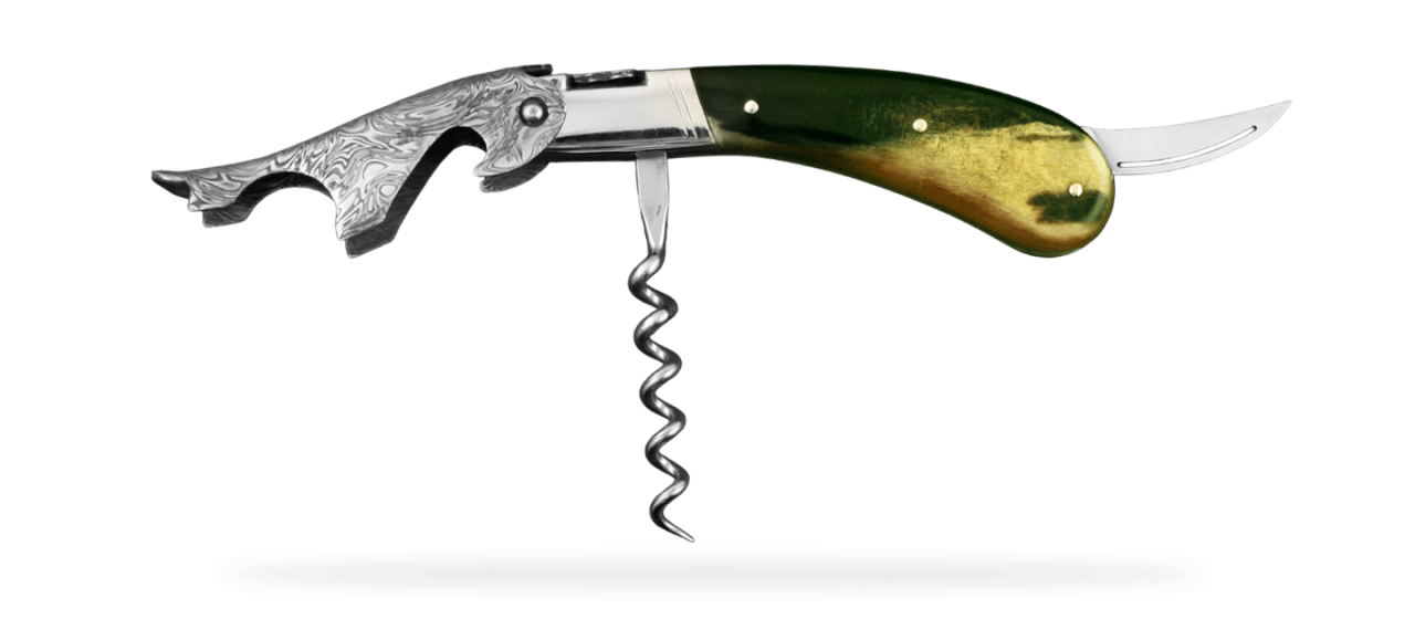 Damascus Laguiole corkscrew handmade in France dark ram horn
