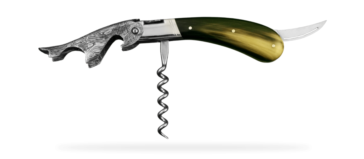 Damascus Laguiole corkscrew handmade in France real horn tip