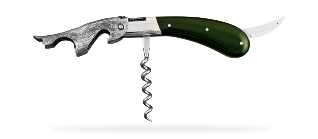 Damascus Laguiole corkscrew handmade in France buffalo horn tip